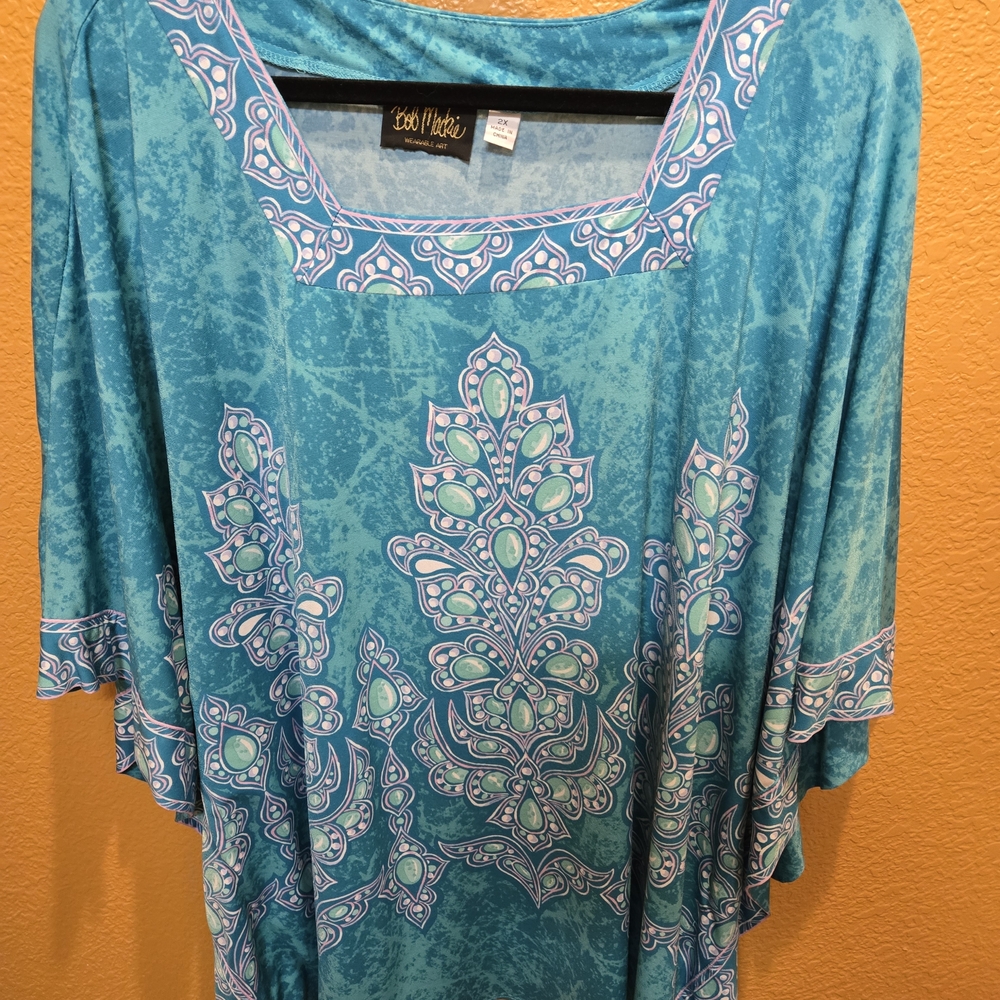 Bob Mackie Blue and White Patterned Blouse